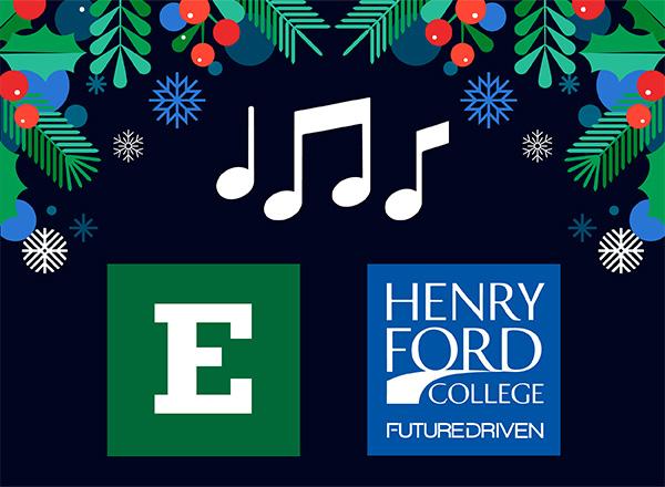 EMU and HFC logo with music notes and a holiday frame of holly and snowflakes