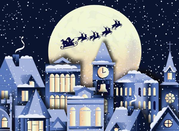 Santa and reindeer flying in front of a moon and above a town. 