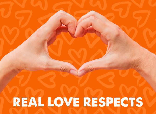 Two hands making a heart shape, with an orange heart background, and "Real Love Respects".