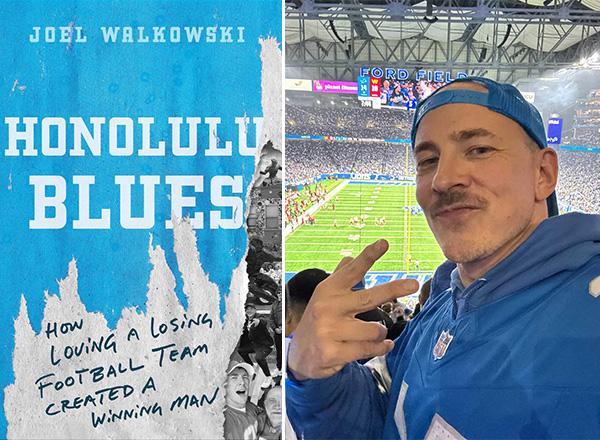 On the left Joel Walkowski's book cover. On the right, Joel Walkowski at a Lions game. 
