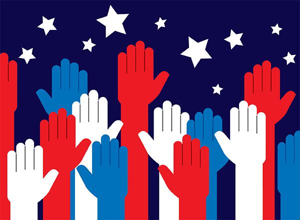 graphic of hands raised in red-white-and-blue background