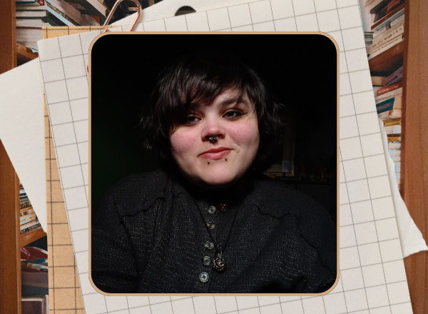 Alex Gray headshot with flyer design background