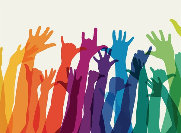 stylized image of hands in the air, representing a spectrum of color