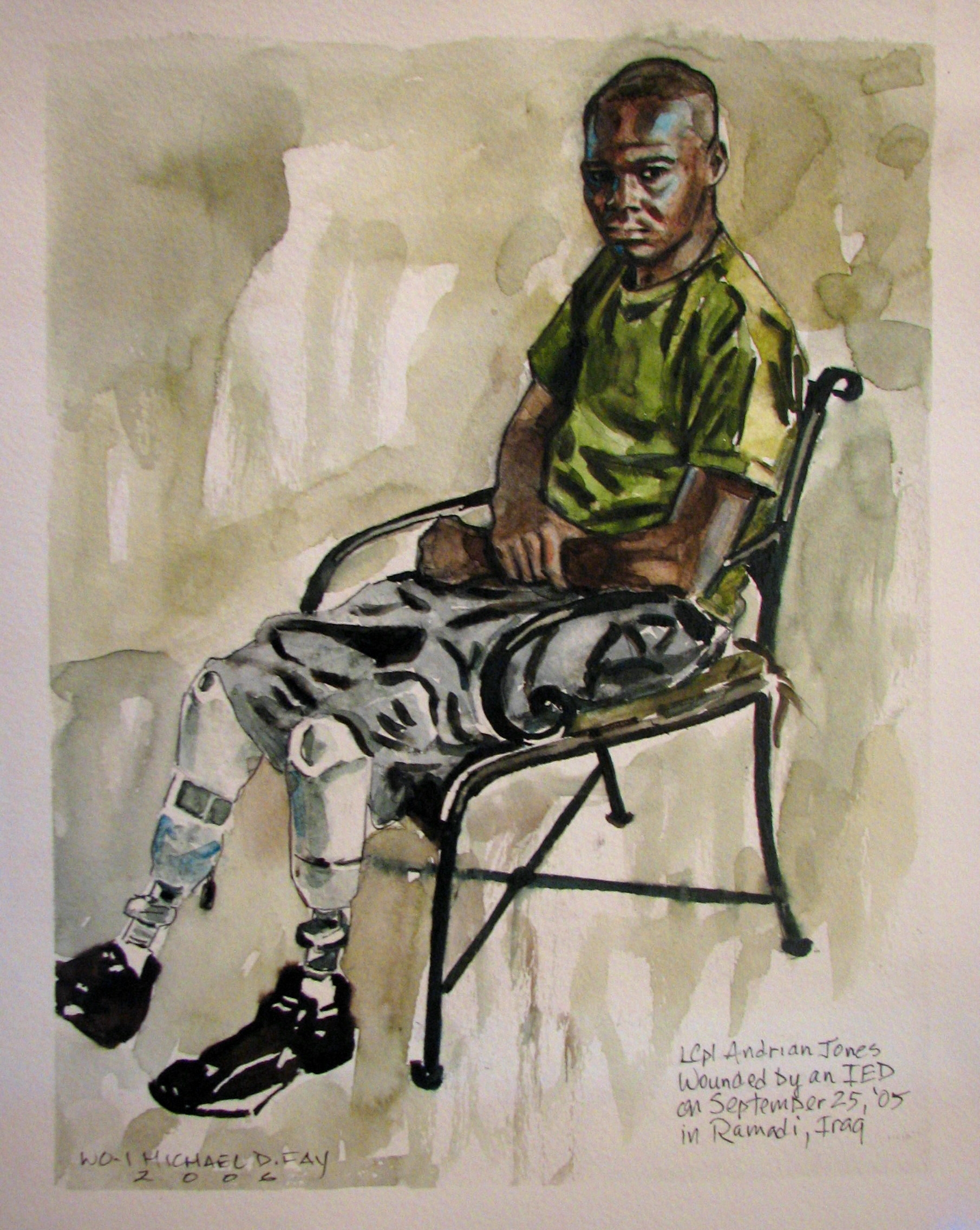 Artist Mike Fay's work showing LCpl Andrian Jones, who was wounded by an IED Sept. 2005 in Ramadi, Iraq