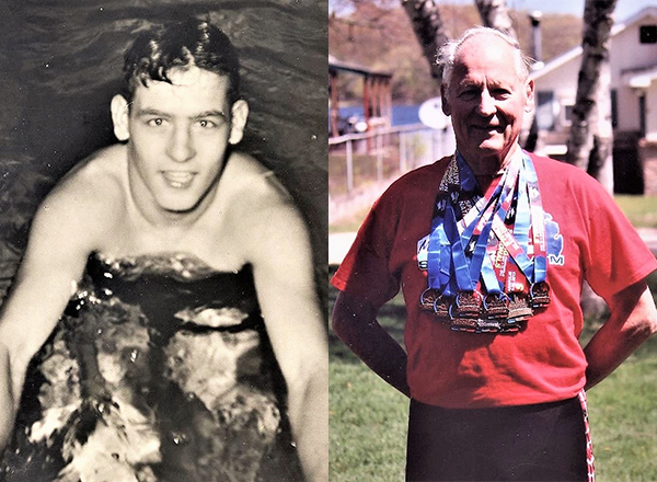Lockwood in pool, ca. 1952, and Lockwood today with his medals