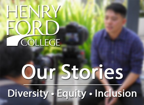 Blurred photo of a man in front of a camera; text overlay says Our Stories: Diversity, Equity and Inclusion