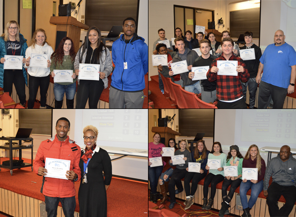 Four photos of HFC athletes holding certificates