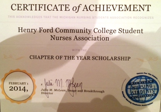 Certificate of Achievement for the Student Nurses Association Chapter of the Year Scholarship 