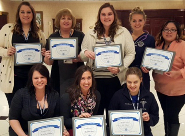 The Henry Ford College Student Nursing Association won numerous awards Jan. 29-30 at the 2016 Michigan Nursing Student Association Annual Convention. Pictured here are members of the HFC SNA showing off their awards. Front row (left to right):  Aubrey Clark, Alexandra Sciacca, Andrea Corrie. Back row (left to right): Maddie Baczkowski, Peggy Kearney, Erin Usher, Anngilyn Dombrowski, Emilia Ramos.