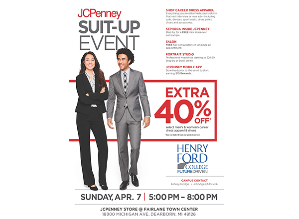 Ad for HFC/JCPenney Suit-Up Day w/ 2 models in professional attire