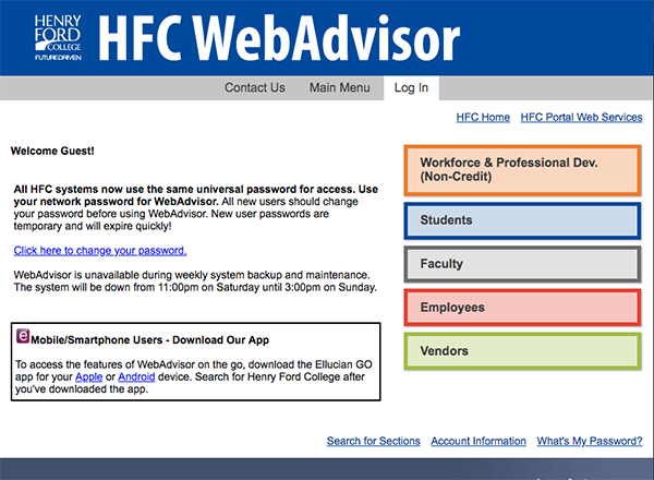 Screenshot of Webadvisor landing page
