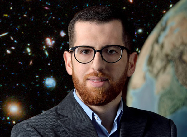A headshot of Elias Aydi with images of space and earth in the background.